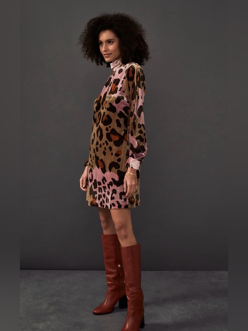 NWT Anthropologie Eleanor Velvet Tunic Dress women size 4 petite, pink leopard